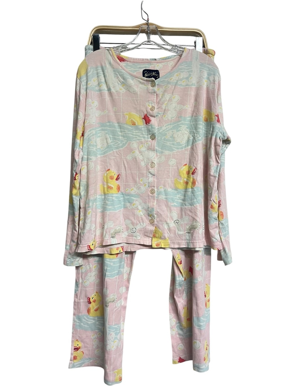 Nick & Nora Pink Rubber Duck Pajama Set Y2K Long Sleeve & Pants Novelty Medium